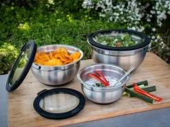 Grillfürst BBQ 3er Edelstahlschüssel Set Mit Glasdeckel -Geschäft Für Grillzubehör Grillfuerst Edelstahlschuessel Set mit Glasdeckel