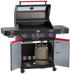 Rösle Videro G4-S VARIO+ Schwarz Gasgrill - FC Bayern Edition - Inkl. FC Bayern Abdeckhaube, Grillzange, Grillbürste Und Grillhandschuhe -Geschäft Für Grillzubehör Roesle Videro G4 S FC Bayern Unterschrank offen